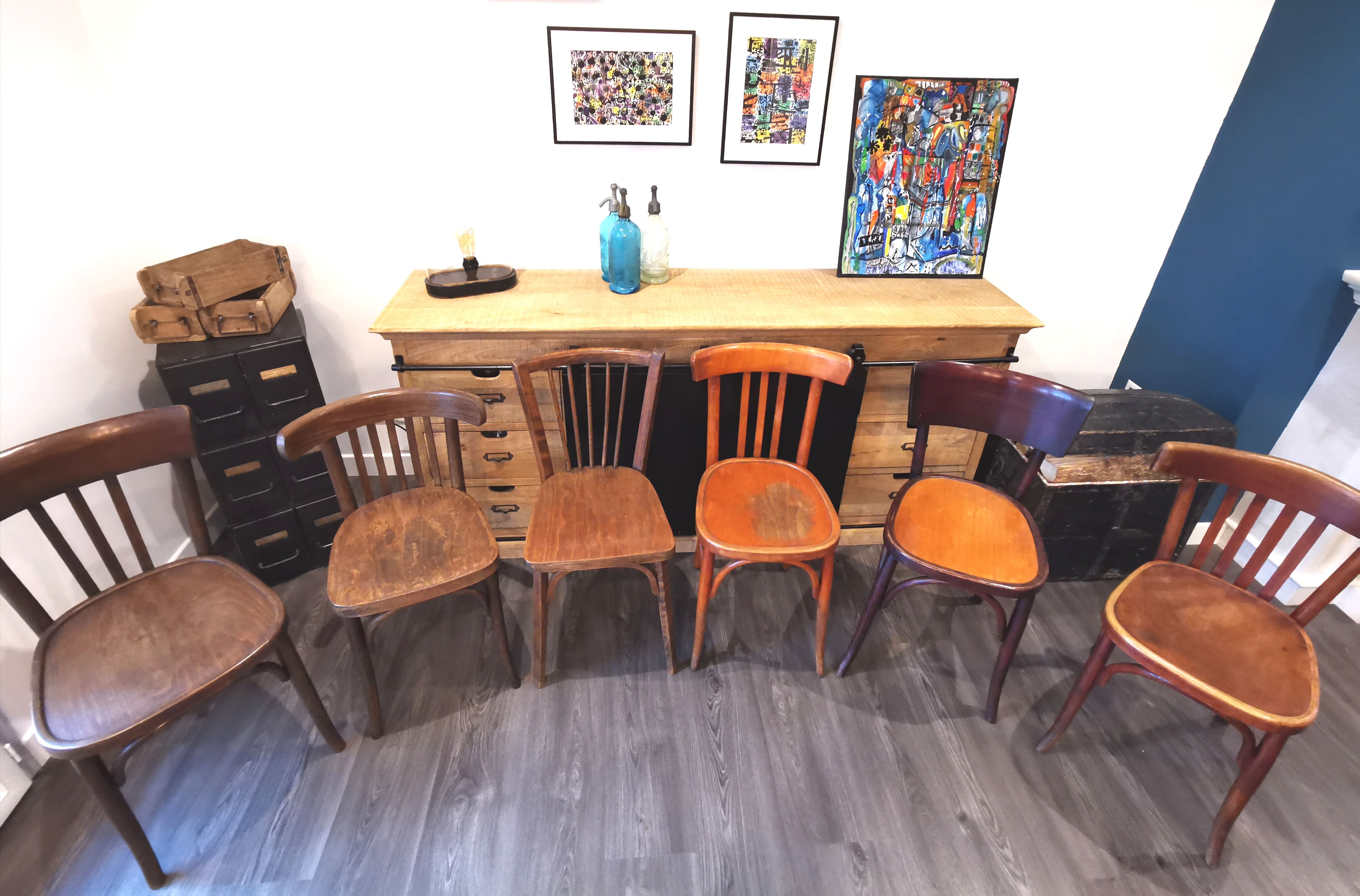 Series of 6 mismatched bistro chairs Baumann and Mahieu