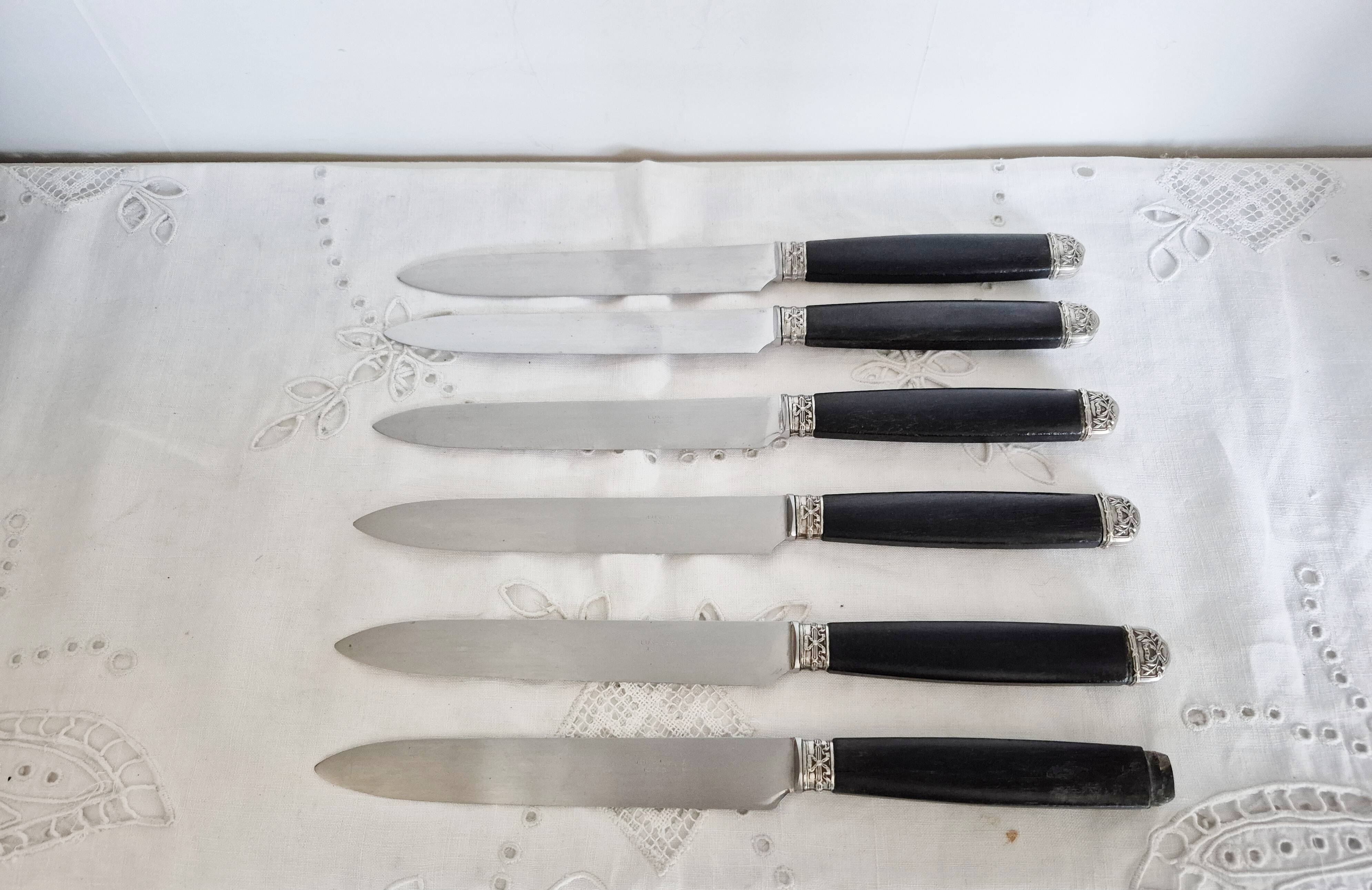 Silver and ebony table knives, stainless steel blade, Louis XVI style