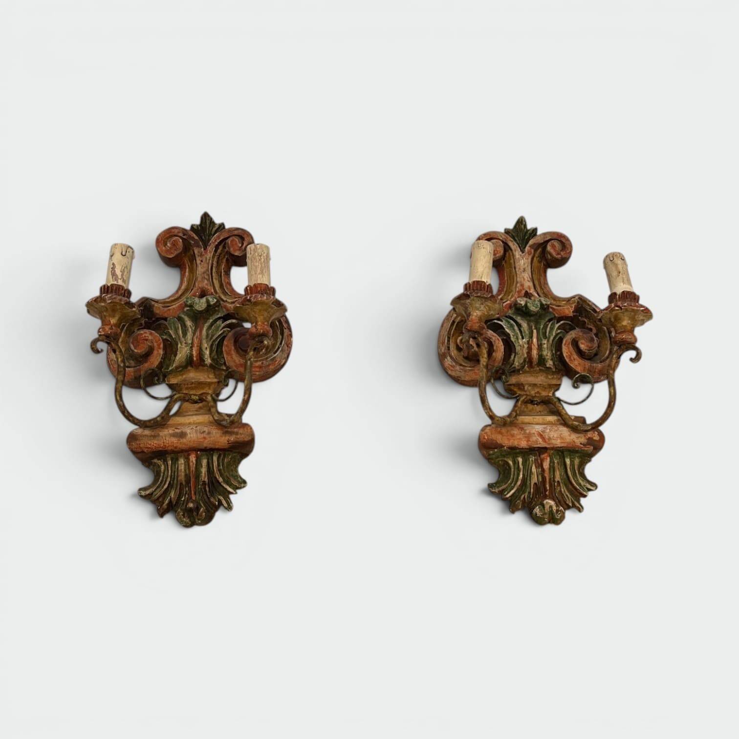 Pair of Polychrome Carved Wood Wall Lights with Vase and Acanthus. Arm in Iron.