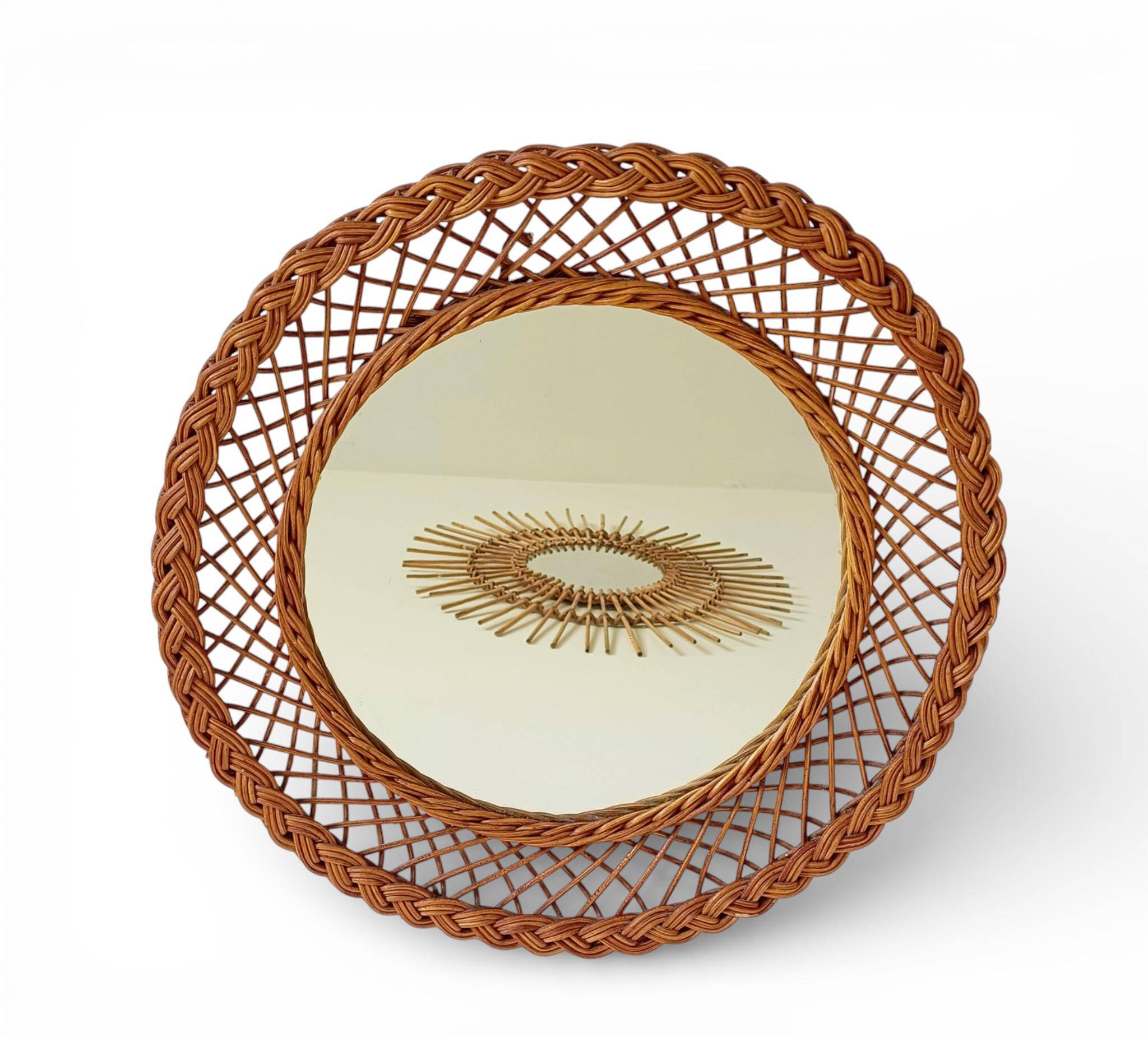 Rustic French Provence Wicker Round Mirror, Organic Modern, Handmade, France