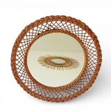 Rustic French Provence Wicker Round Mirror, Organic Modern, Handmade, France