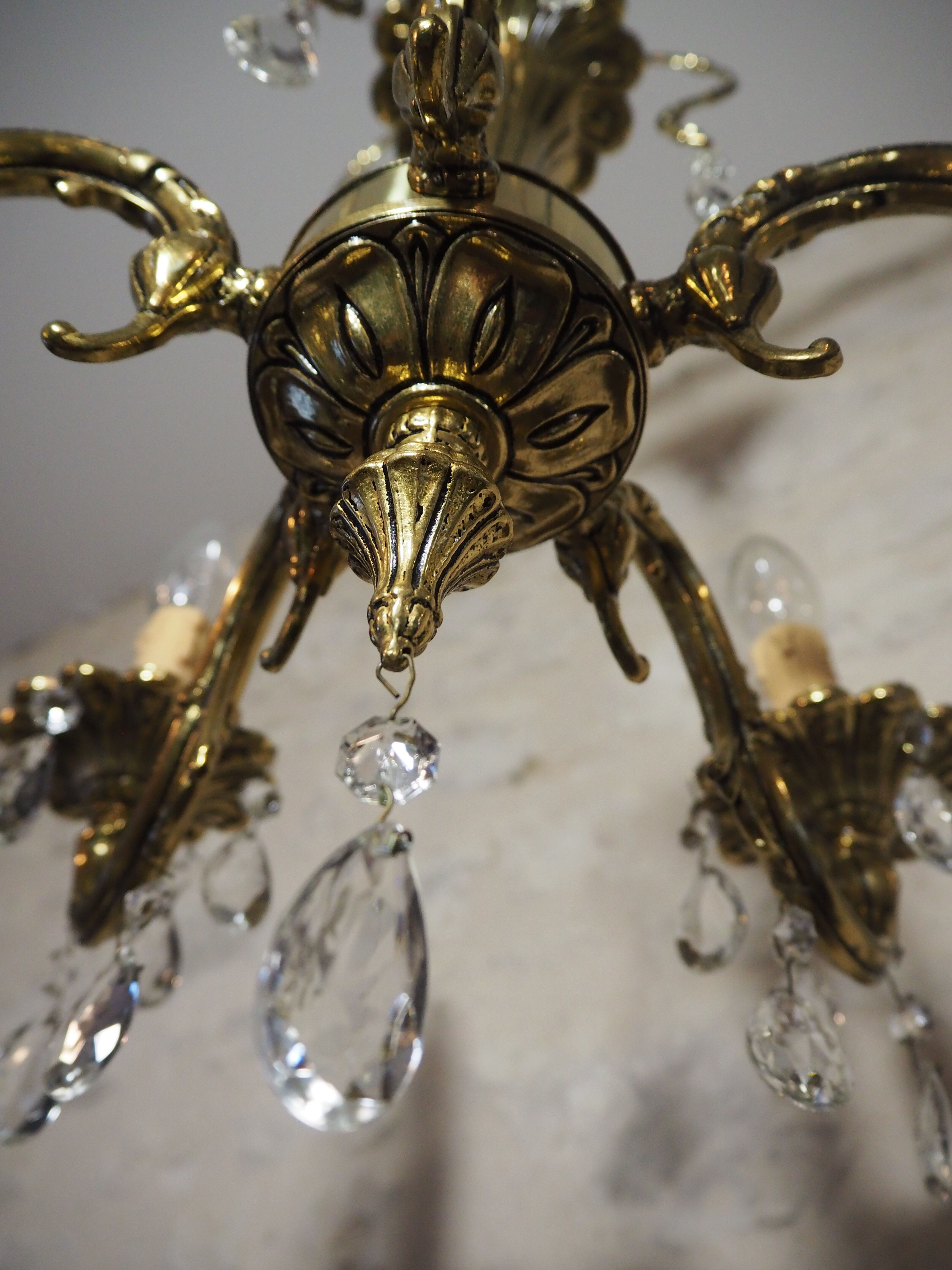 Bronze chandelier and faceted crystal stamps