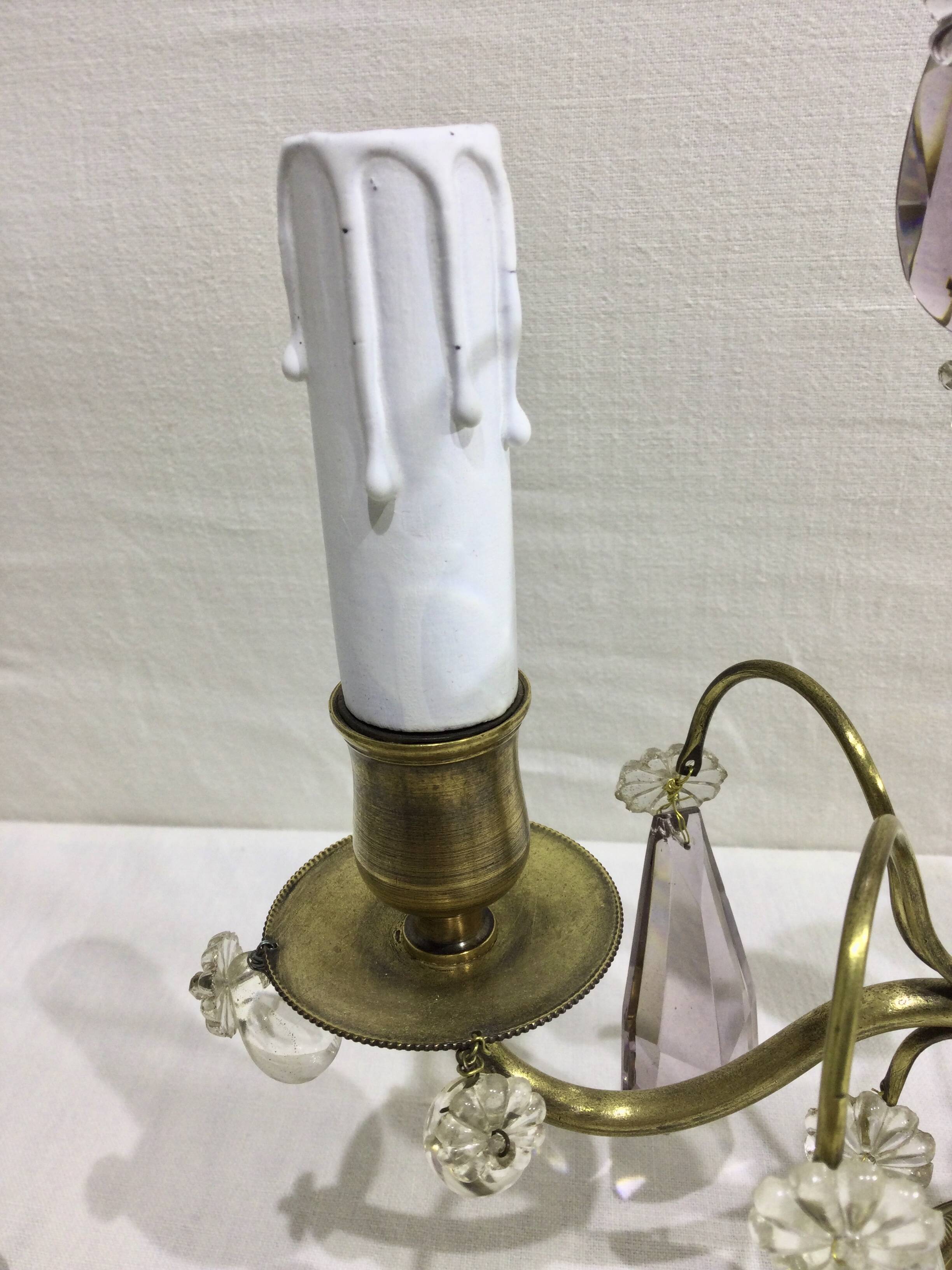 Pair of girandole lamps in bronze and crystal