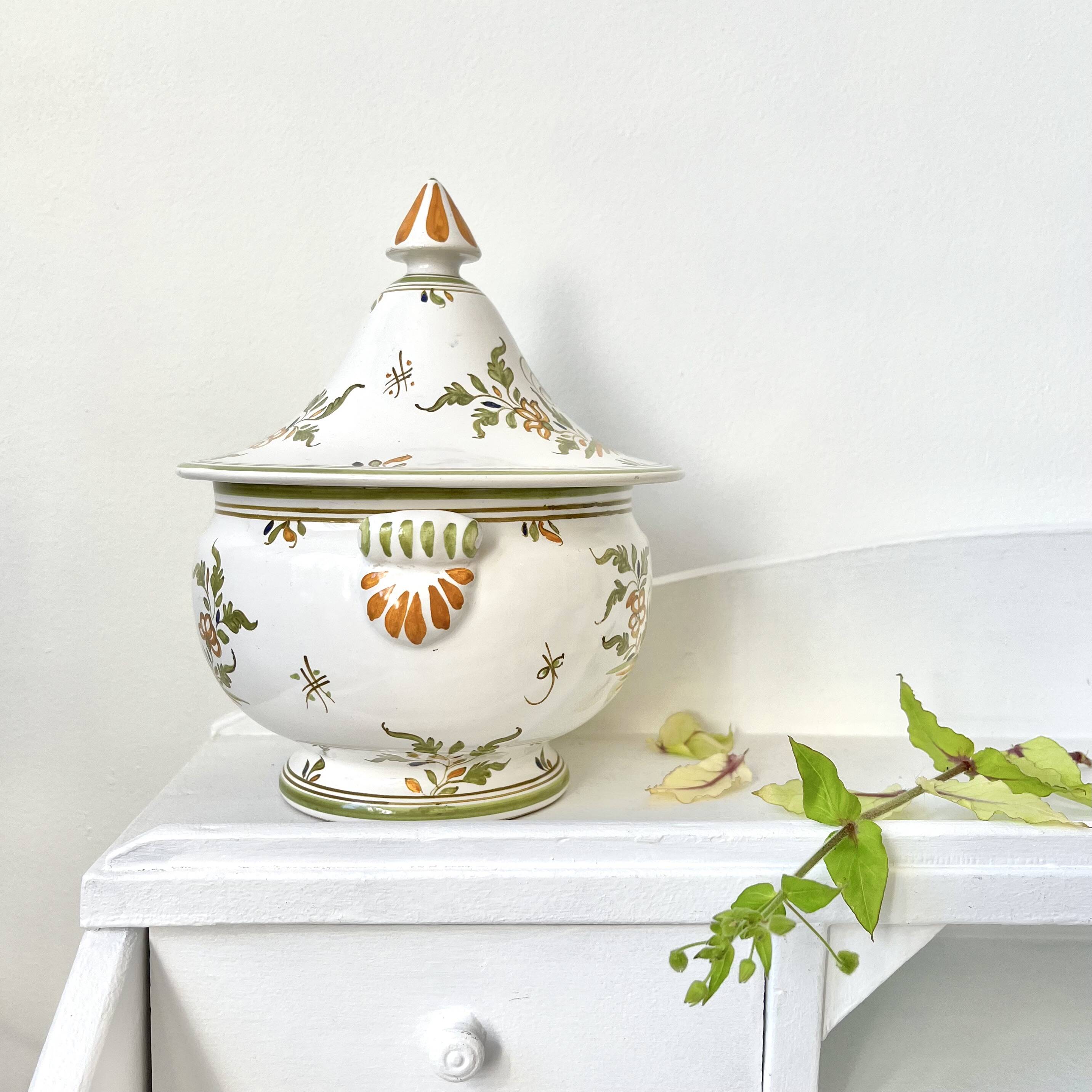 Covered candy jar signed M Malicorne, Moustiers decor