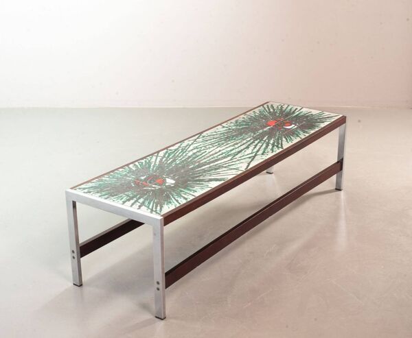 Table basse rectangulaire Denisco en céramique, effet explosion de couleurs, chrome et bois