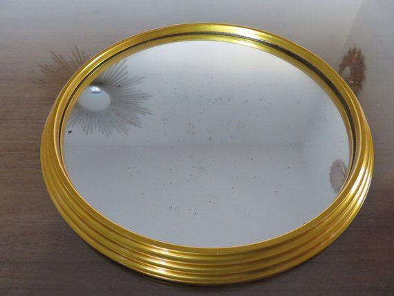 50 60 years gold metal round mirror tray