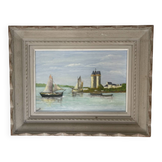 Old Oil Painting Canvas Tour Solidor Saint Malo Sea Boat 1968