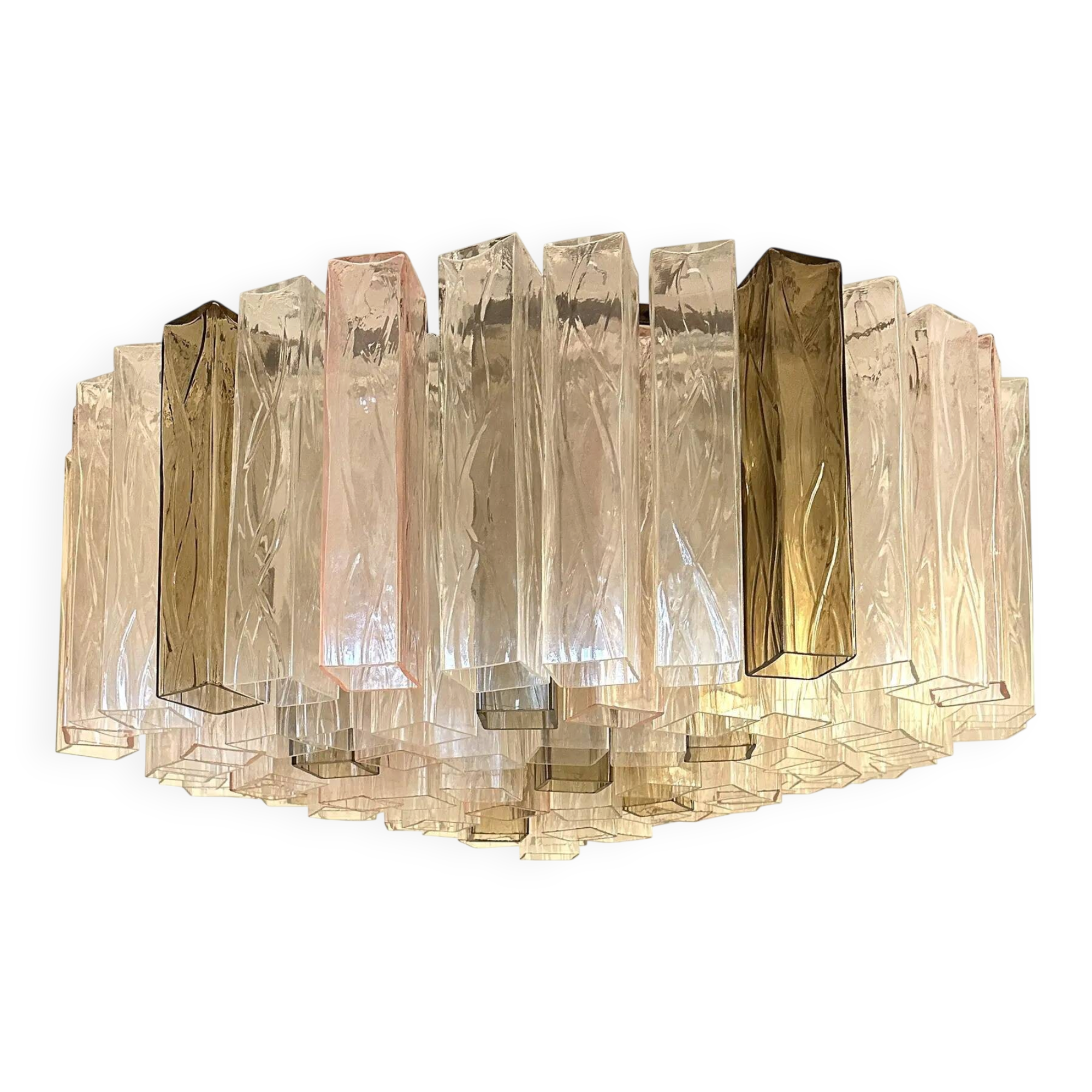 Contemporary Clear, Pink and Fumè “Squares” Murano Glass Flush Mount
