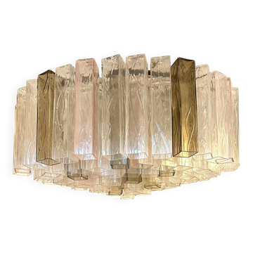 Plafonnier contemporain en verre de Murano "Carrés" clair, rose et fumé