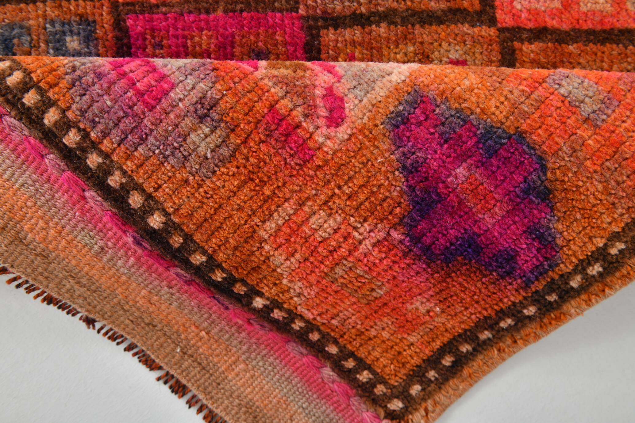 Long Tapis Couloir Vintage Orange et Fuchsia à Motifs Géométriques,91x278Cm