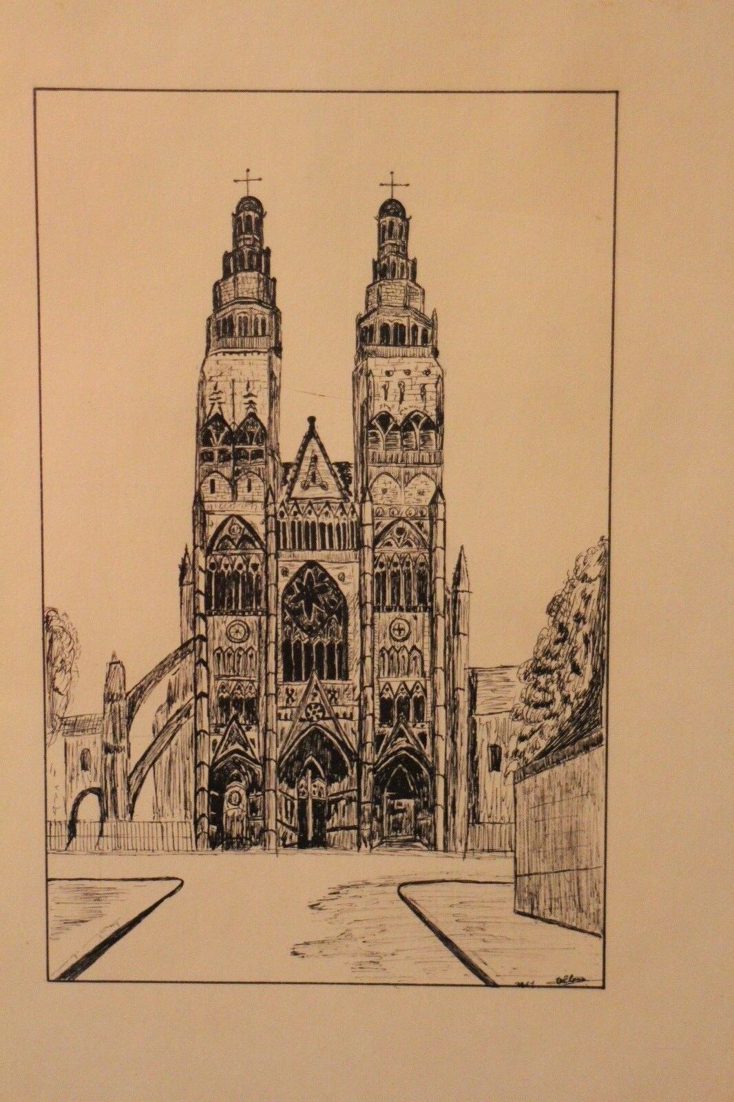 Pen drawing ink cathedral of Tours dated signed Talbot