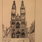 Pen drawing ink cathedral of Tours dated signed Talbot