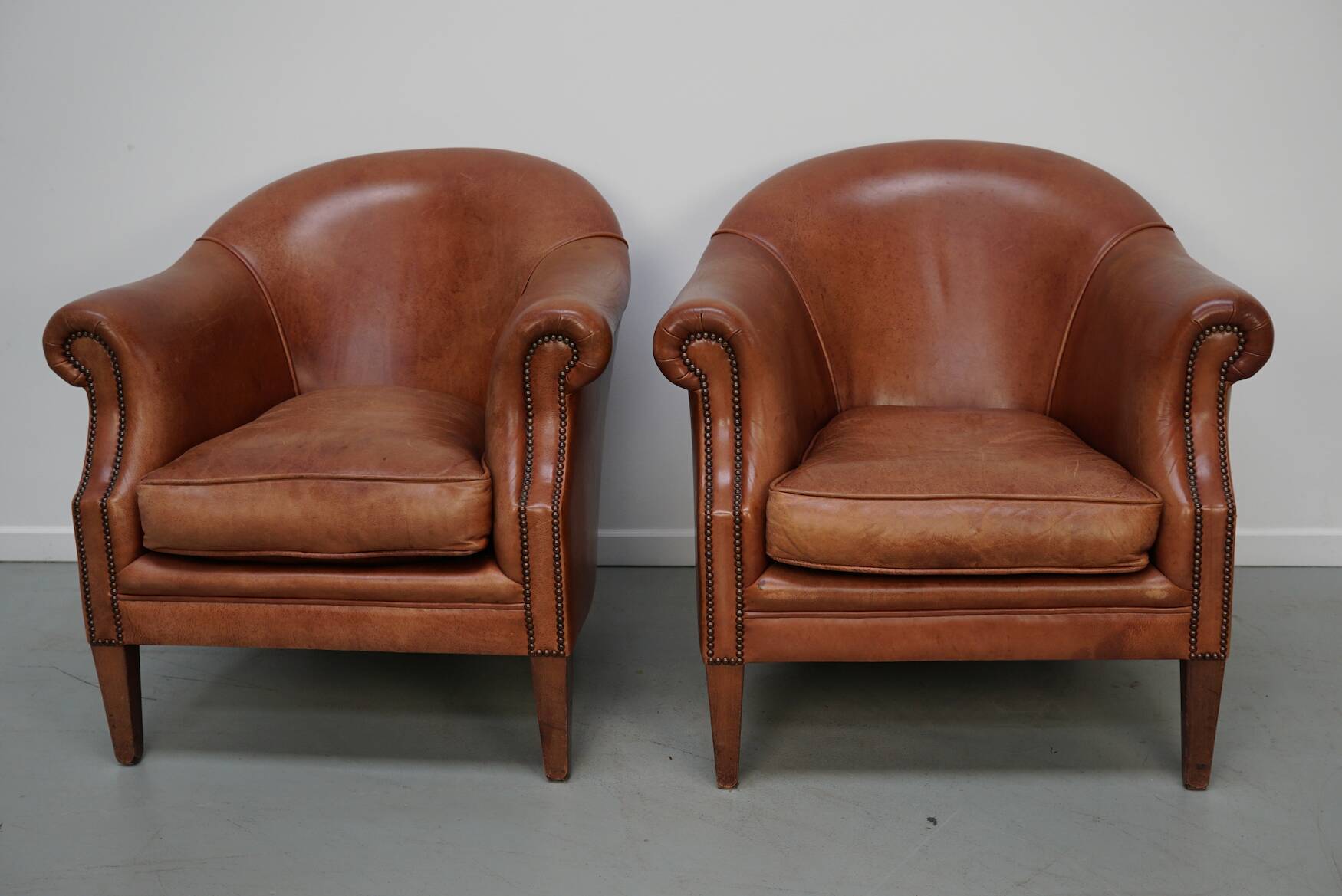 Vintage Dutch Leather Club Chairs in Cognac, Set of 2