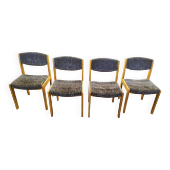 Set of 4 chairs in blond wood and gray fabric - vintage