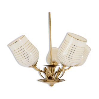 Mid-century brass and glass pendant light by Sario, Finland, 1950s.