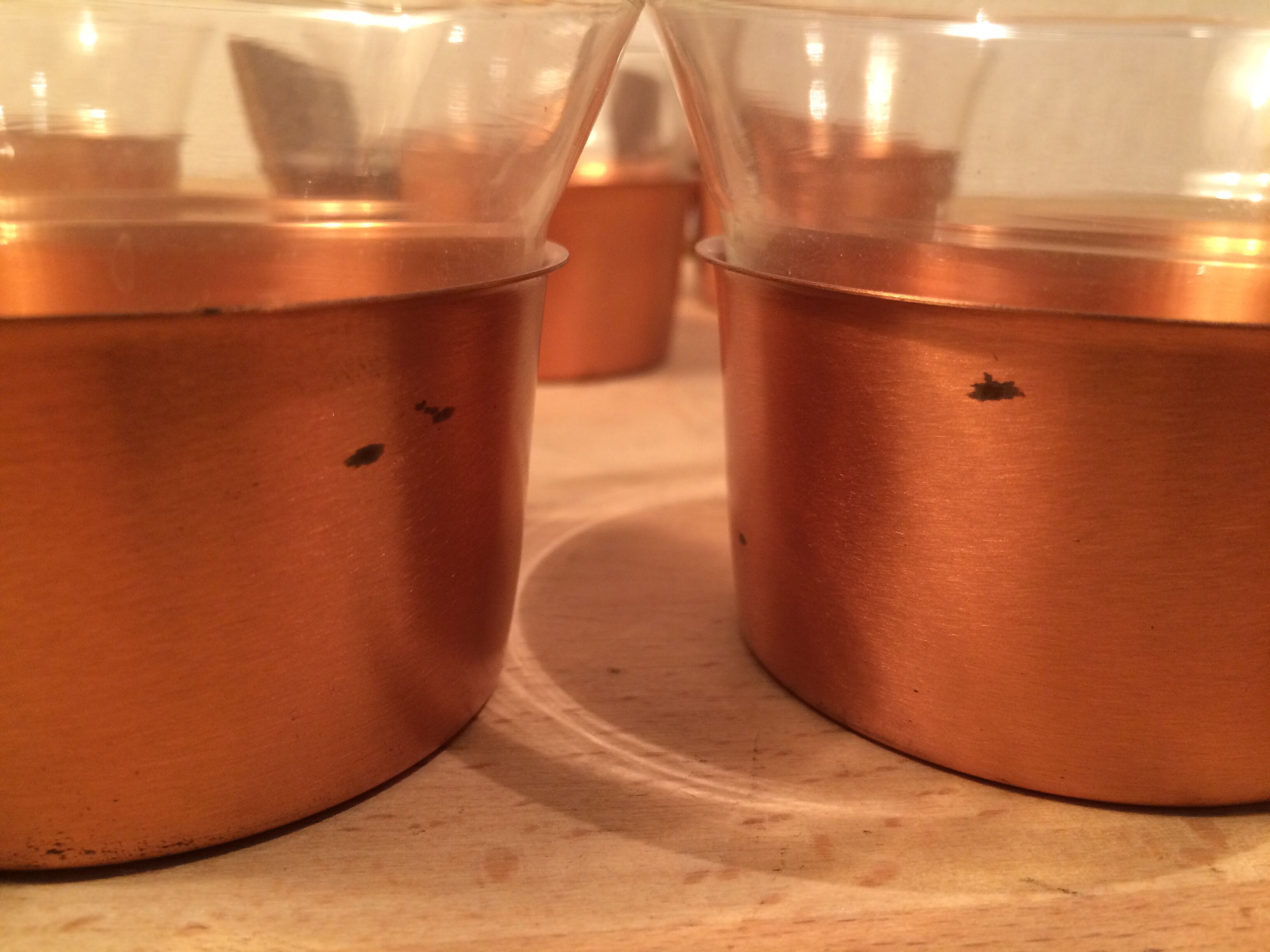 6 Scandinavian cups copper and teak Schott & Gen glass 70's