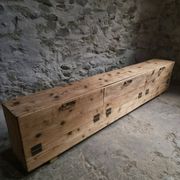 Old French industrial workshop furniture in pine / storage bench, circa 1880–1900