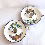 Pair of handmade cracked earthenware hand candlesticks signed Bassano Italy