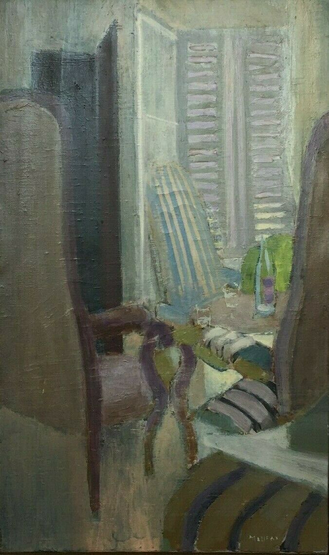 OIL ON CANVAS JEAN MAUFAY ABSTRACT COMPOSITION SCENE OF INTERIOR