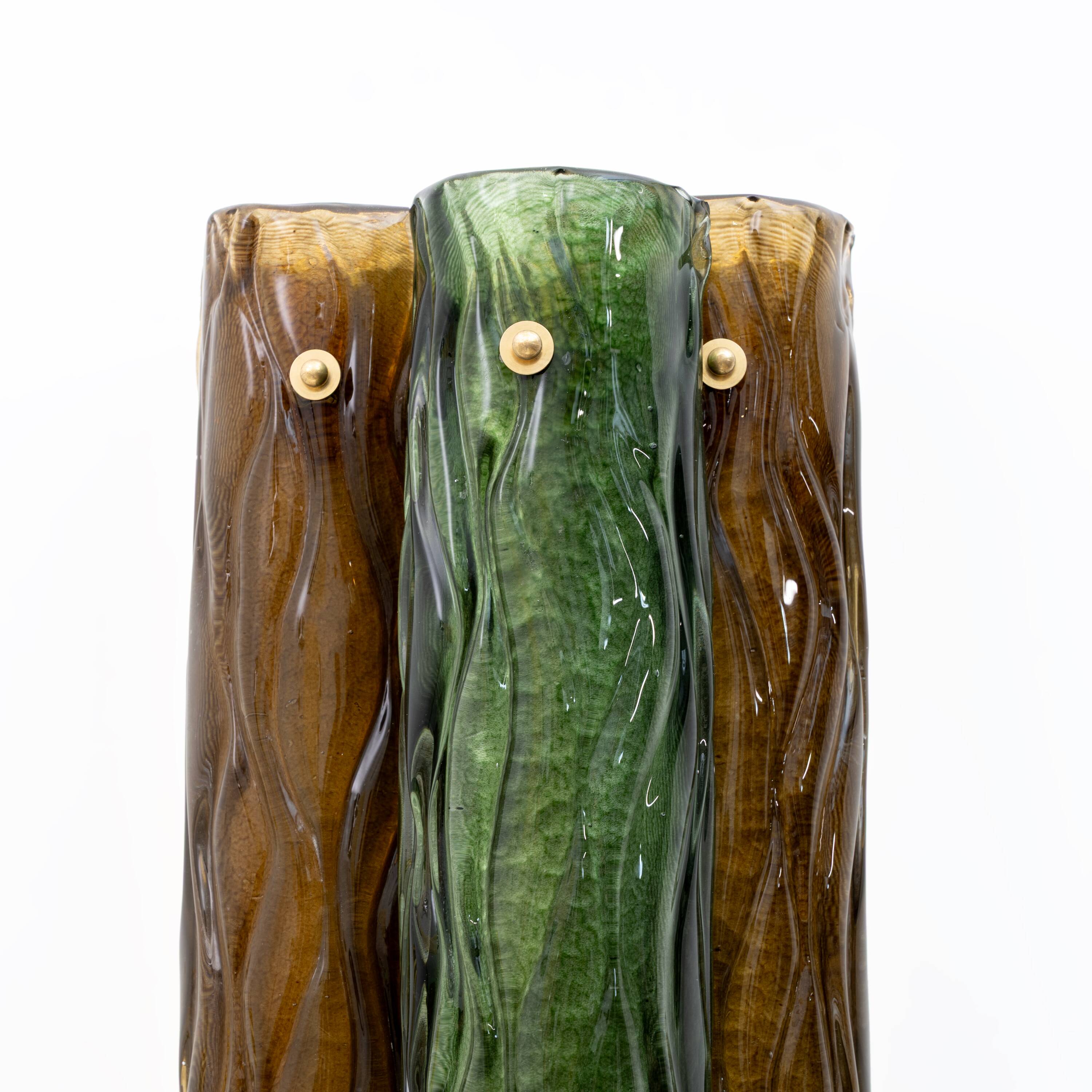 Pair of Modern Amber and Green Murano Glass and Brass Sconces