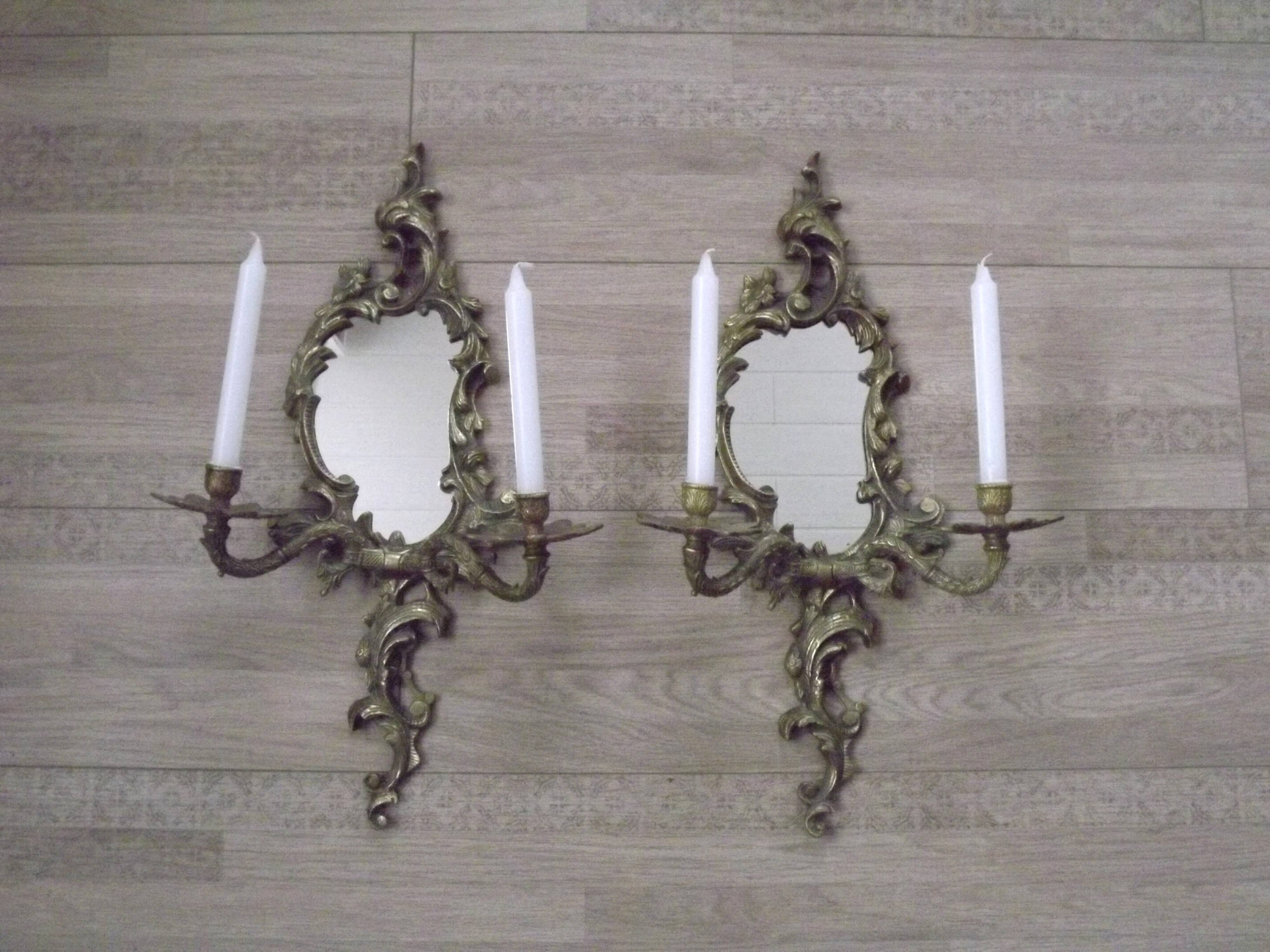 Large Pair of French Antique Bronze Mirror Double Candle Wall Sconces 5127