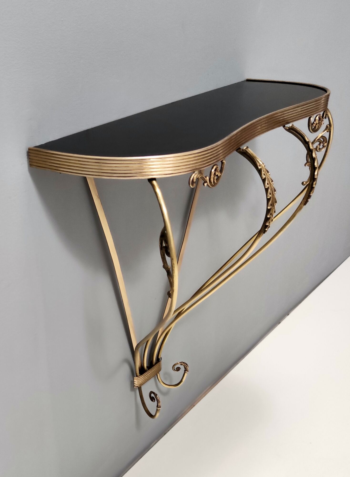 Vintage Wall Mounted Brass Console Table With Demilune Black Glass Top, Italy