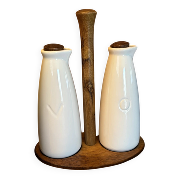 Ceramic white and wood oil and vinegar dispenser