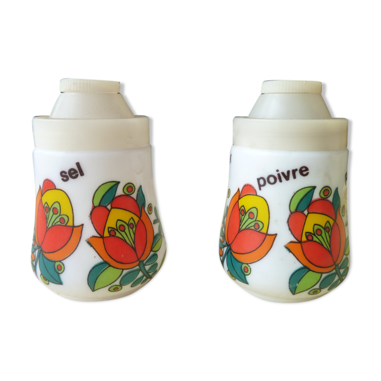 Set salière et poivrière vintage en verre opalisé années 70
