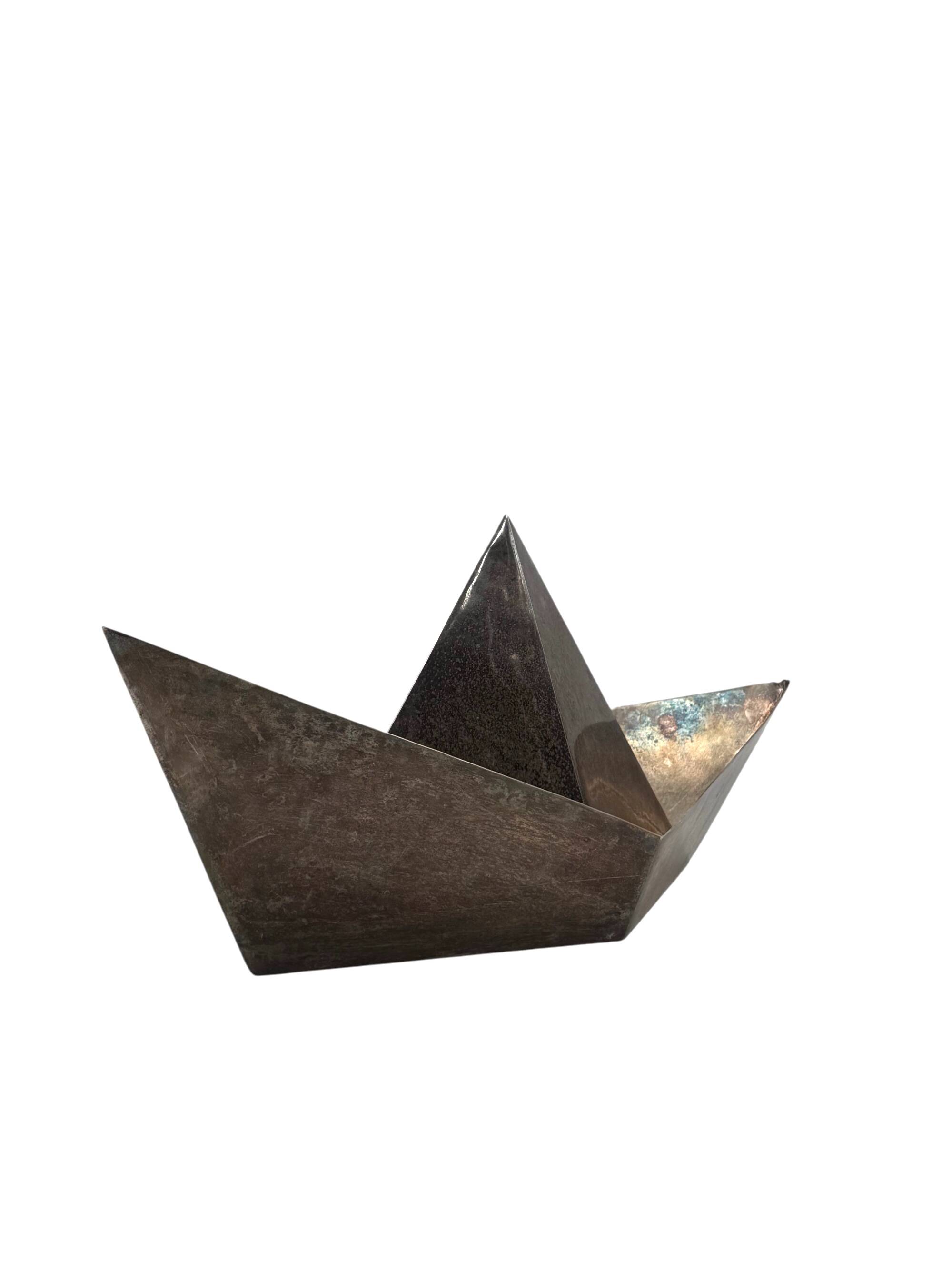 Modern silver-plated paper boat sculpture, Paola C. Aldo Cibic Italy 1980
