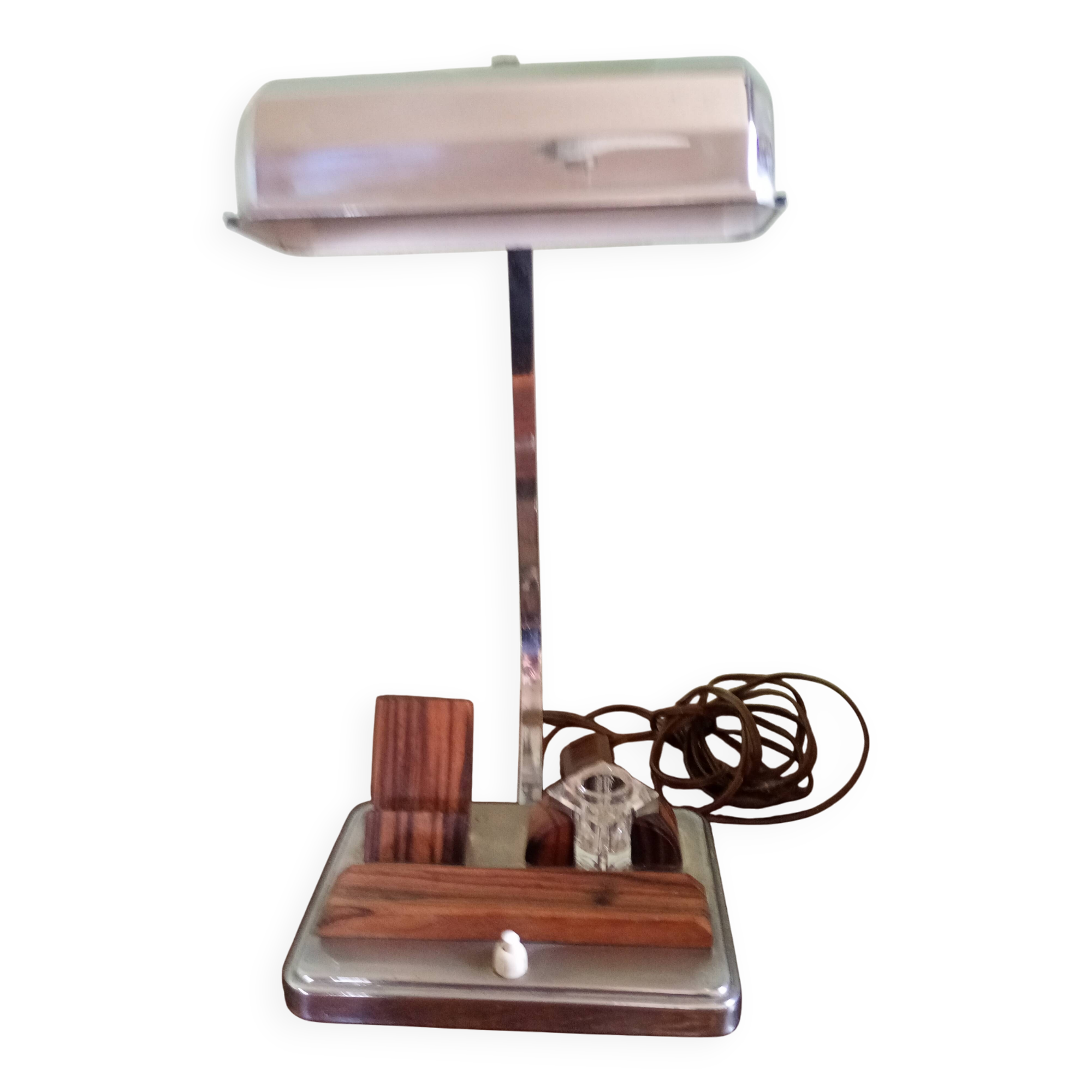 Vintage desk lamp - chrome steel + inkwell + card holder and rosewood pen