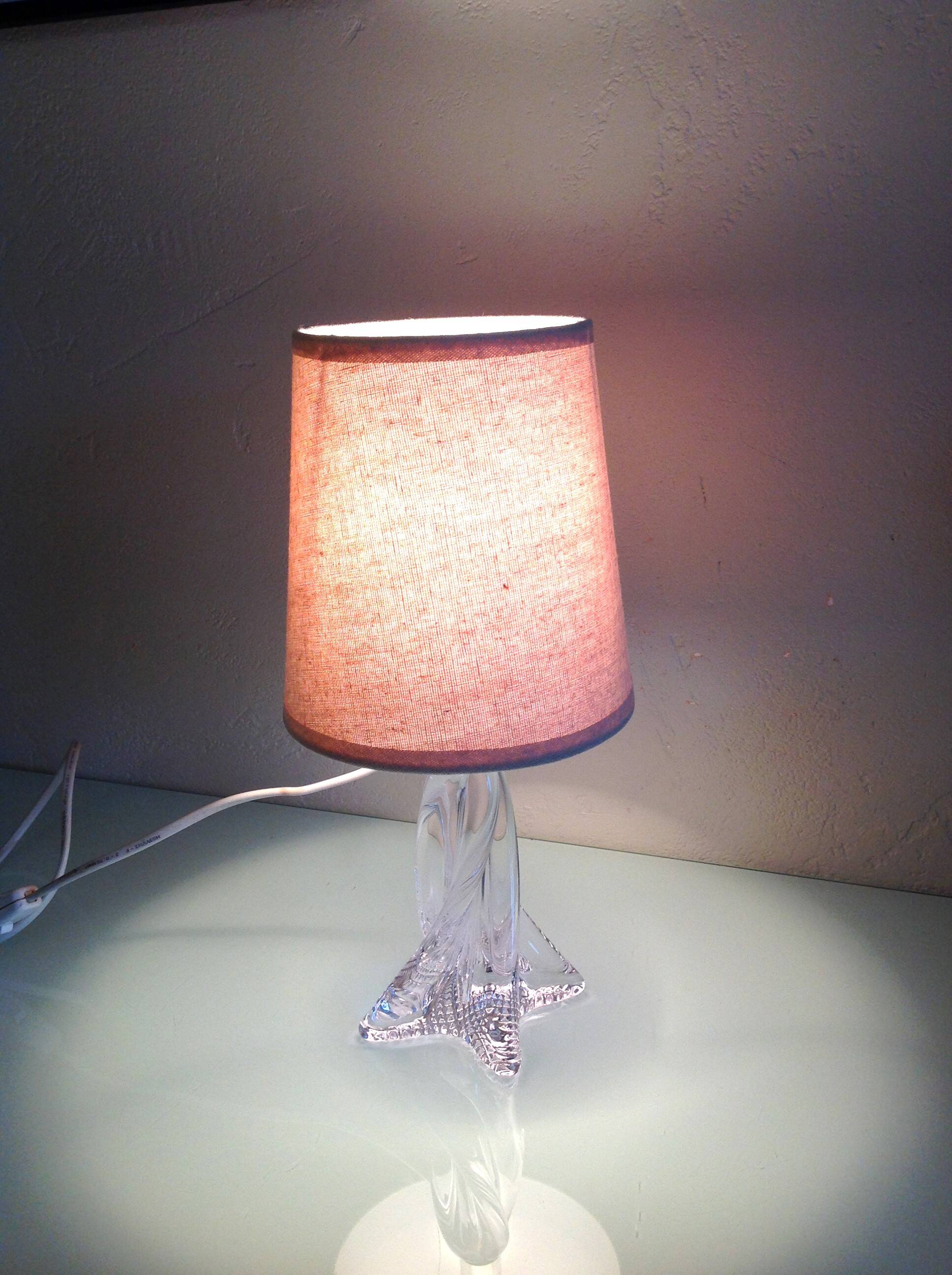 Bedside lamp with glass base and beige fabric lampshade / vintage 60s-70s