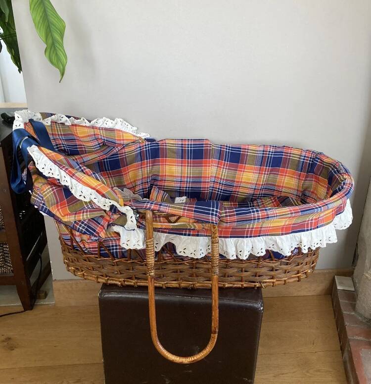 1970s wicker rattan portable bassinet cradle complete with bedding