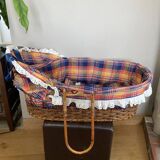 1970s wicker rattan portable bassinet cradle complete with bedding