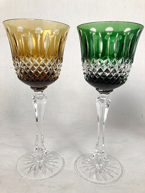 Set of five large colored crystal foot glasses