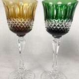 Set of five large colored crystal foot glasses