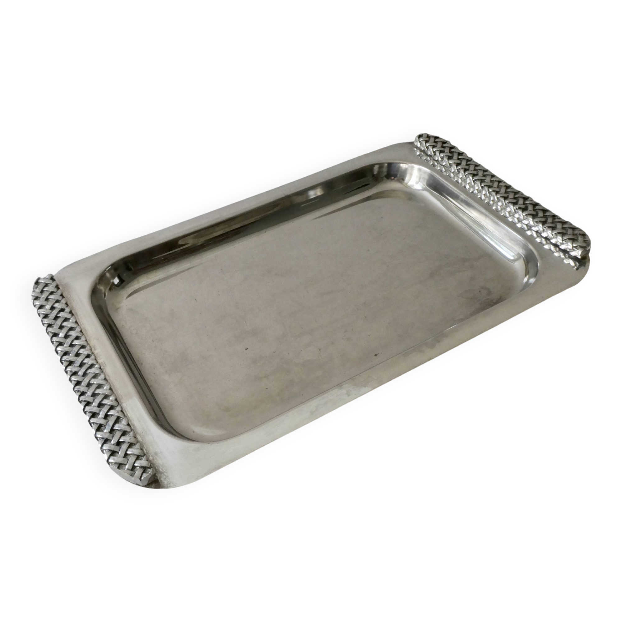 Silver metal tray with braided effect handles