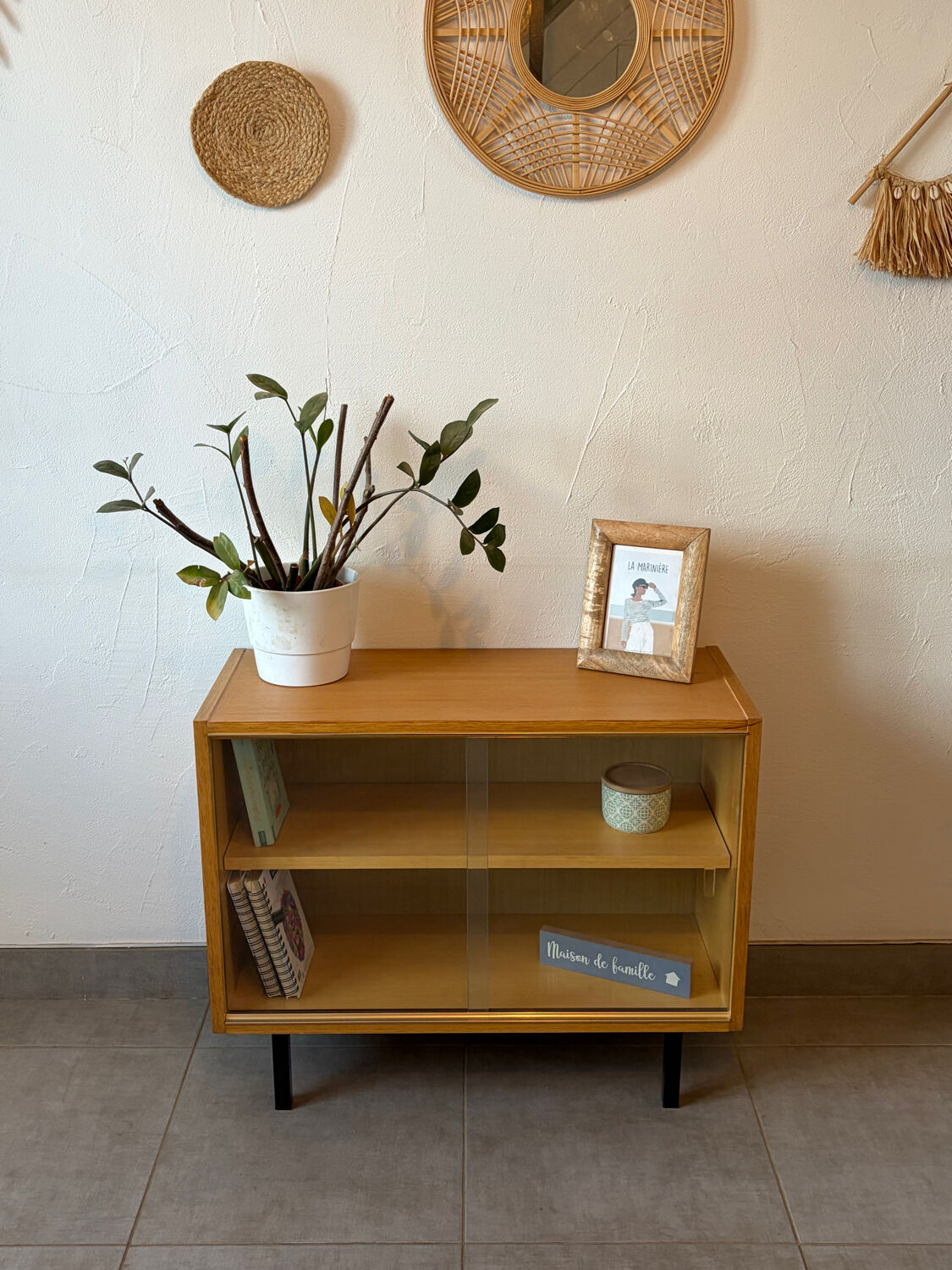 Vintage oak display cabinet from the 1960s.