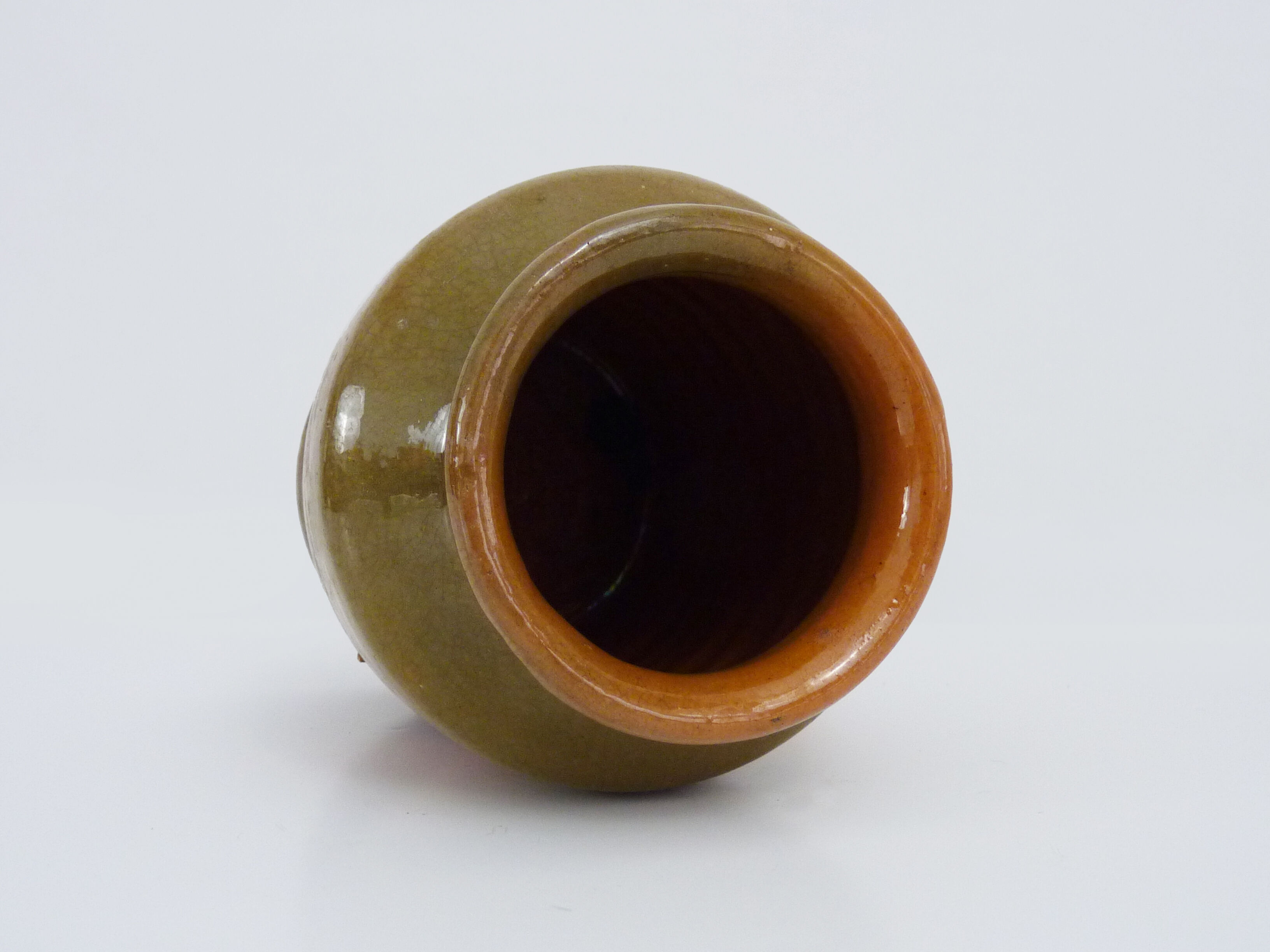 Grease pot in glazed yellow orange terracotta, year 50