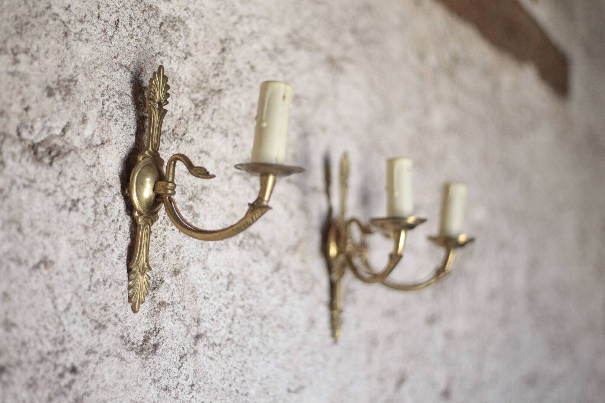 Pair of Empire style bronze wall lights, bronze wall light with palmette and swan neck.