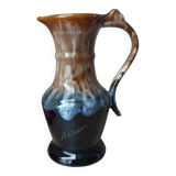 Ancien pichet à vin carafe en grès flammé marron et bleu vintage 1960
