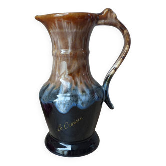 Ancien pichet à vin carafe en grès flammé marron et bleu vintage 1960