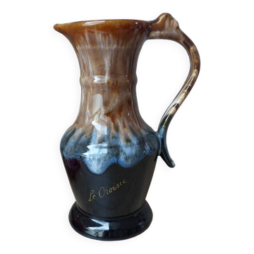 Ancien pichet à vin carafe en grès flammé marron et bleu vintage 1960