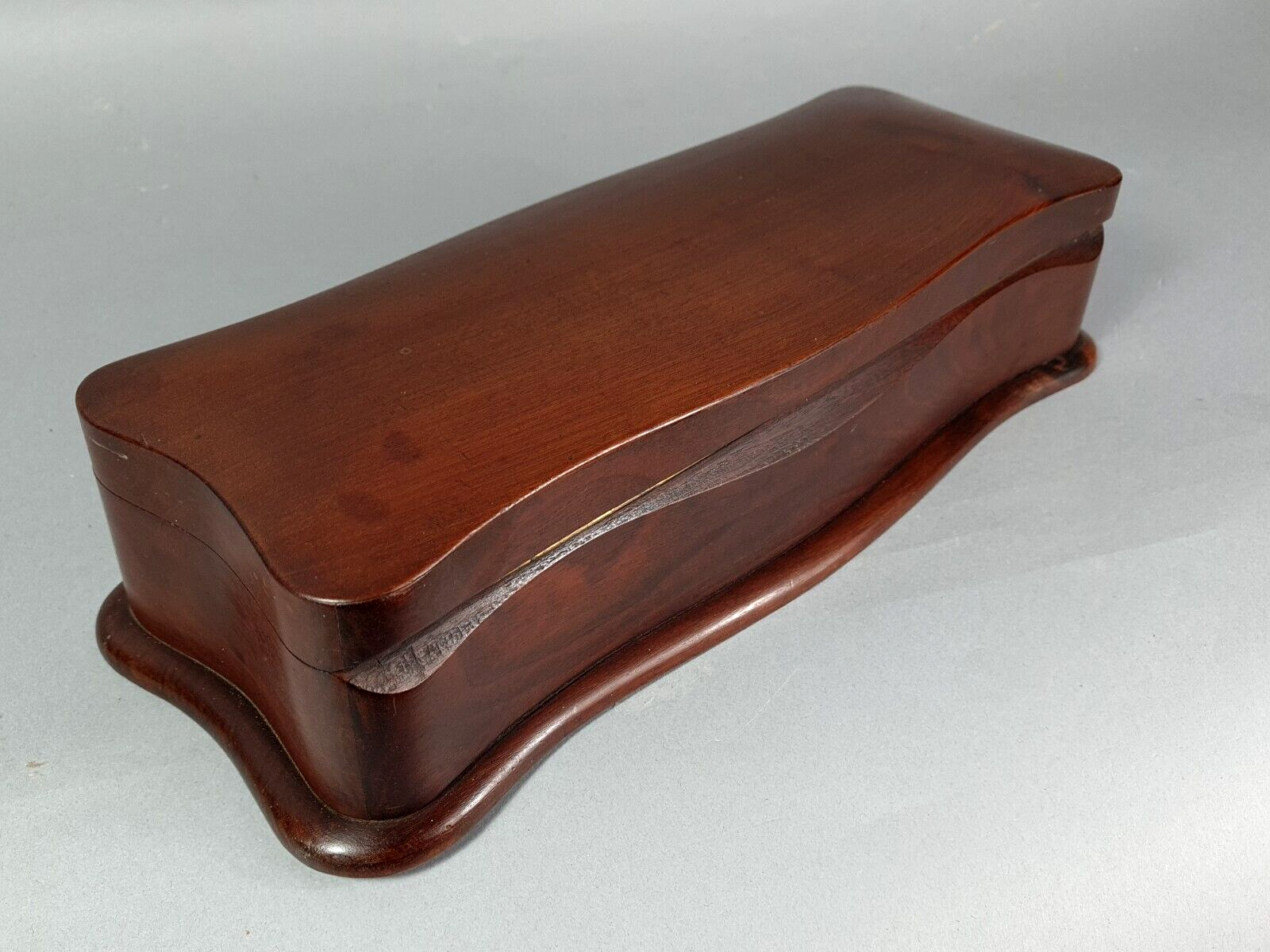 Old box sewing box shape chamturned wood interior fabrics SB