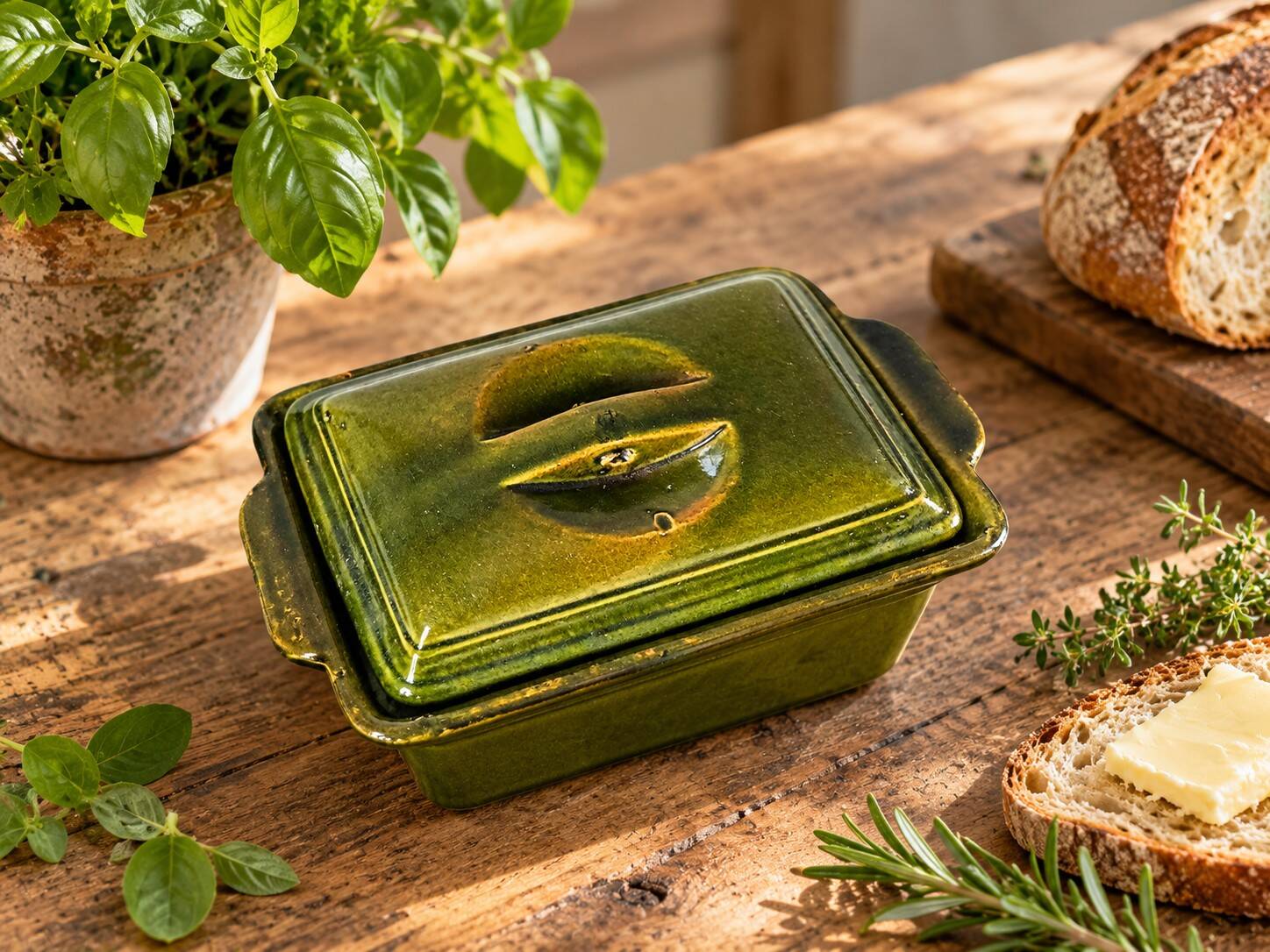 Small terrine in olive green glazed earthenware