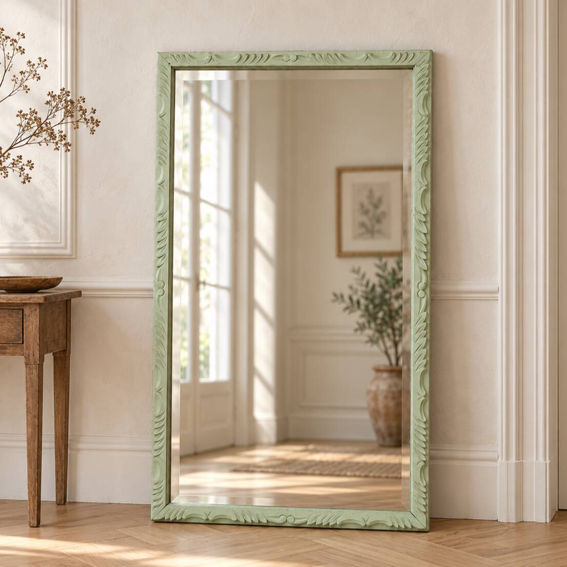 Large antique bevelled mirror in carved solid wood, green lizard – 129 × 75
