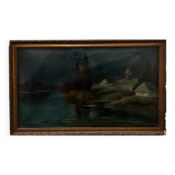 Mill landscape by the water, 20th century, signed