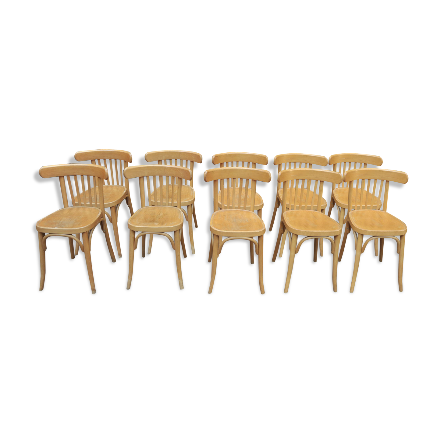 Set of 10 curved beech bistro chairs from the 1950s