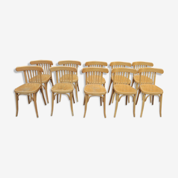 Set of 10 curved beech bistro chairs from the 1950s