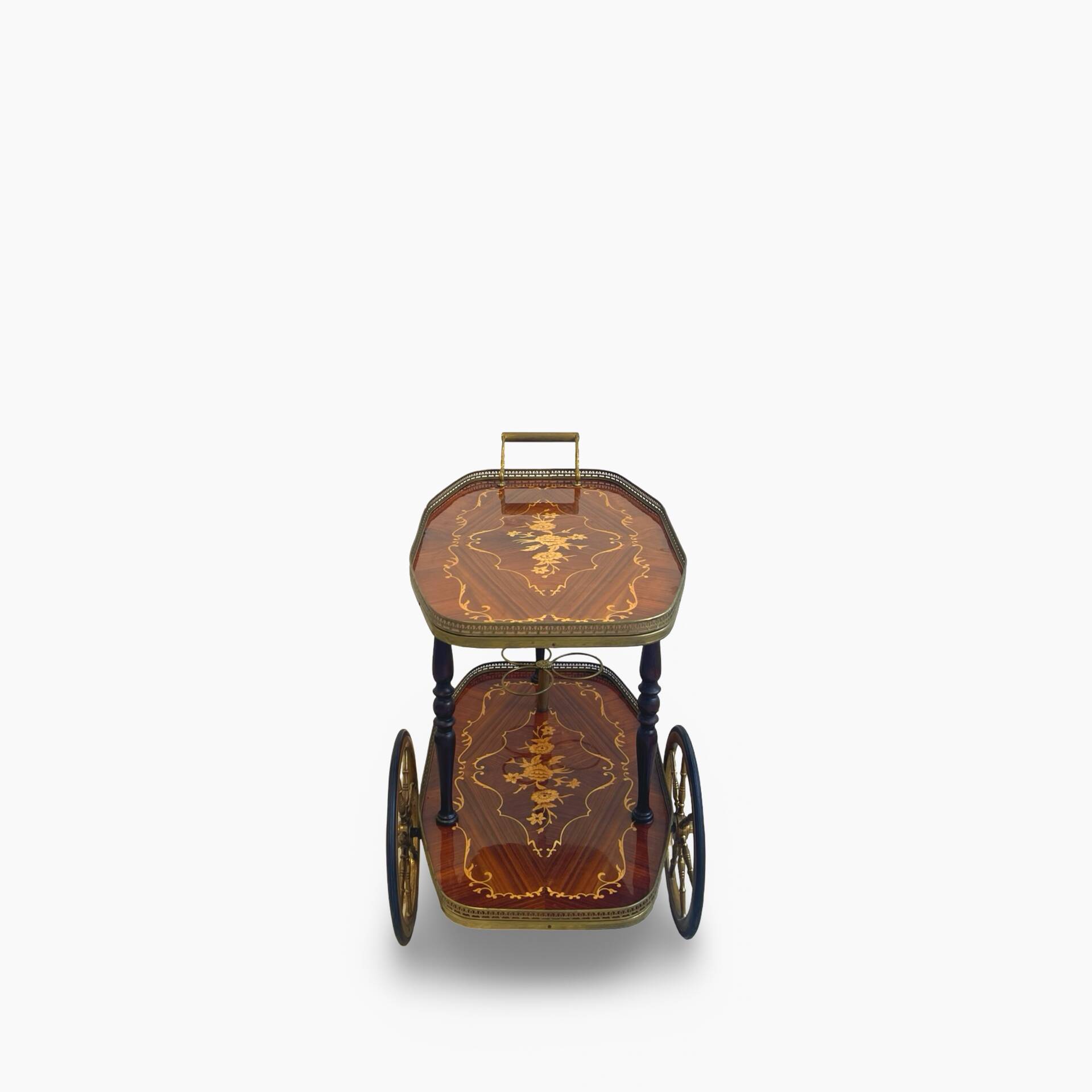 Chariot de bar en marqueterie de style Hollywood Regency italien présente des motifs floraux complexes.