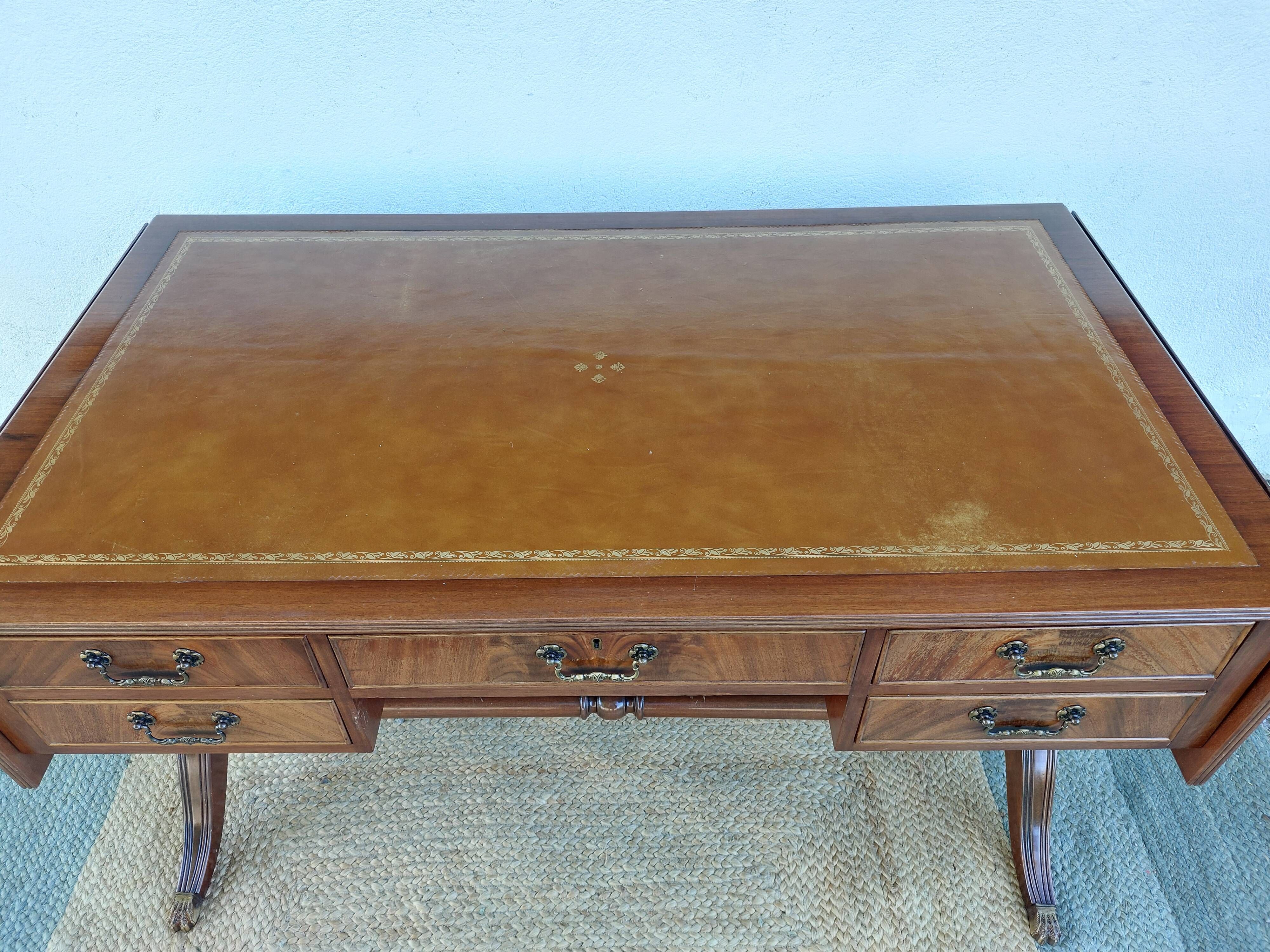 English lion paw desk and lyre armchair, leather, extensions